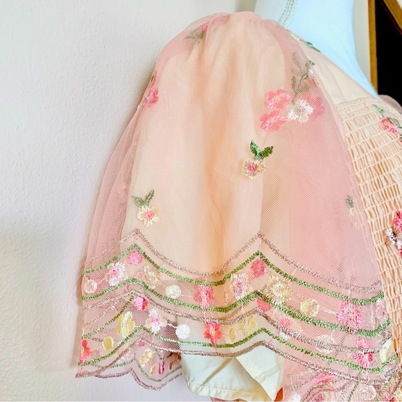 Noliabae Peach Pink & Yellow Embroidered Floral Smocked Tulle Dress. - Picture 5 of 13
